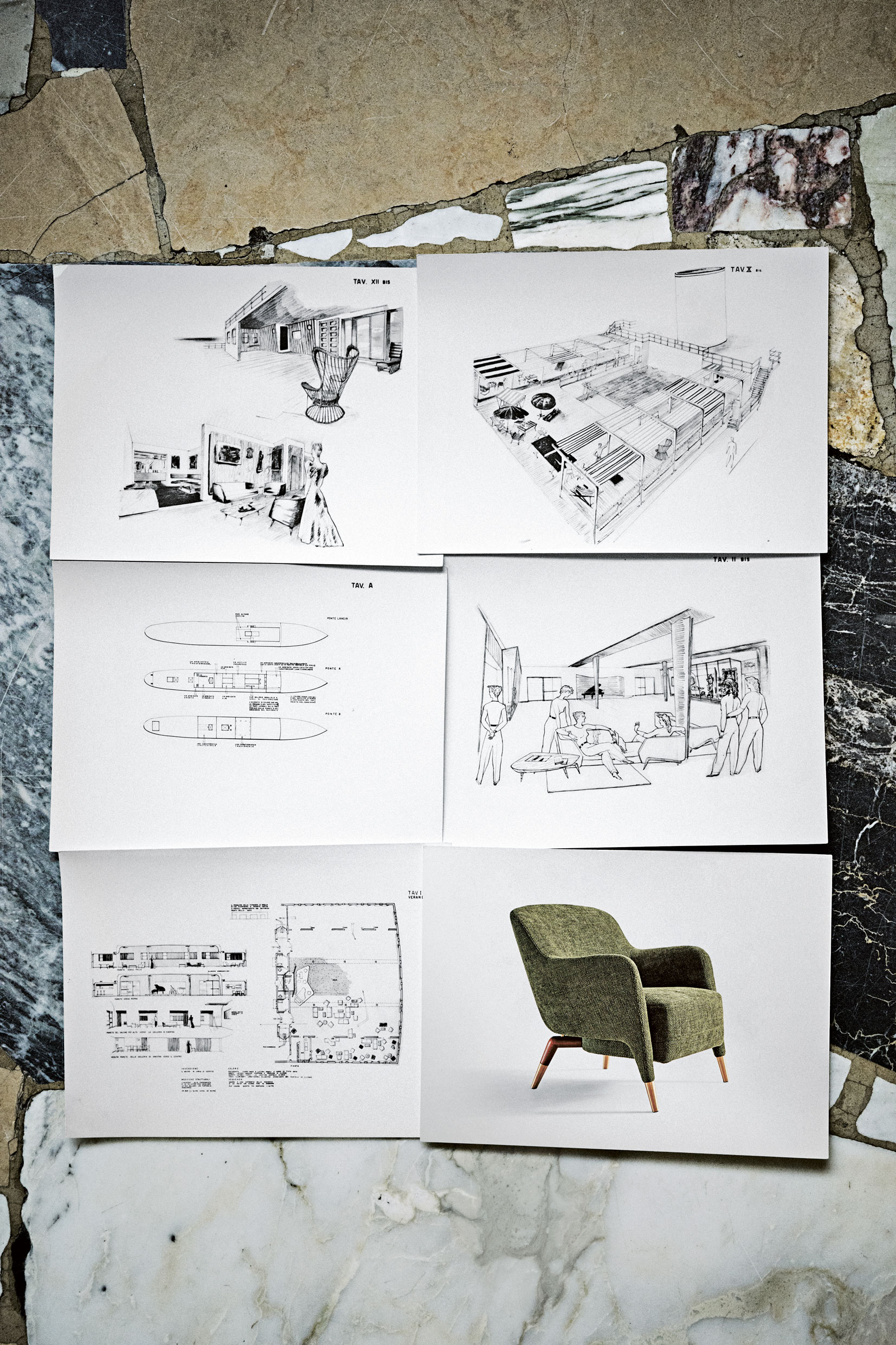 Drawings for Conte Biancamano ocean liner. From Molteni Mondo, Rizzoli NY 2024. Ph. Oliver Helbig. Courtesy of Gio Ponti Archives. D.151.4 on M/N Andrea Doria, design Gio Ponti. Courtesy Gio Ponti Archives, CSAC Parma