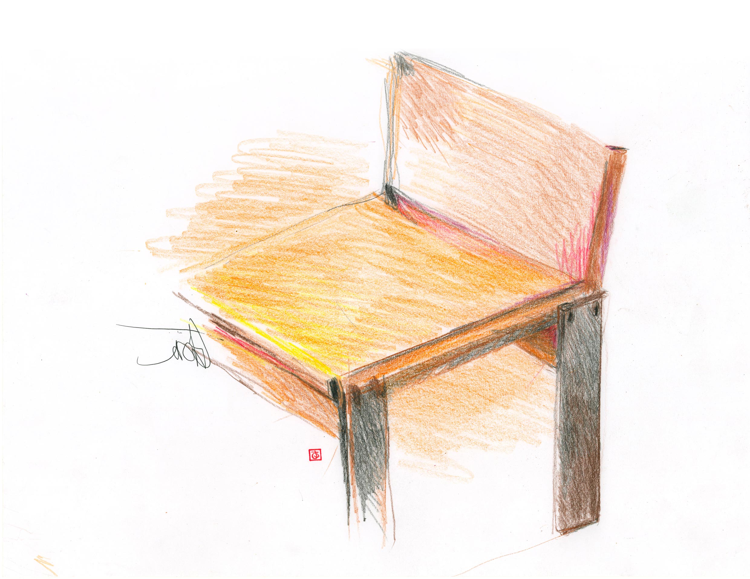 Tobia Scarpa's sketch of the Monk Chair, which was named to reflect its calm, tranquil and composed nature.