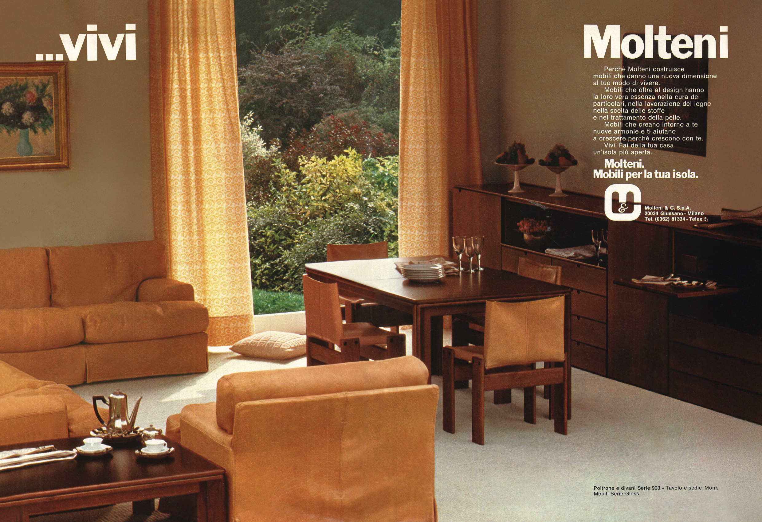 A 1977 Molteni&C advert featuring the Mou table and Monk chairs by Afra and Tobia Scarpa, the 900 series armchairs and sofas by Luca Meda, and the Gloss furniture series by Luca Meda and Renato Fusi.
