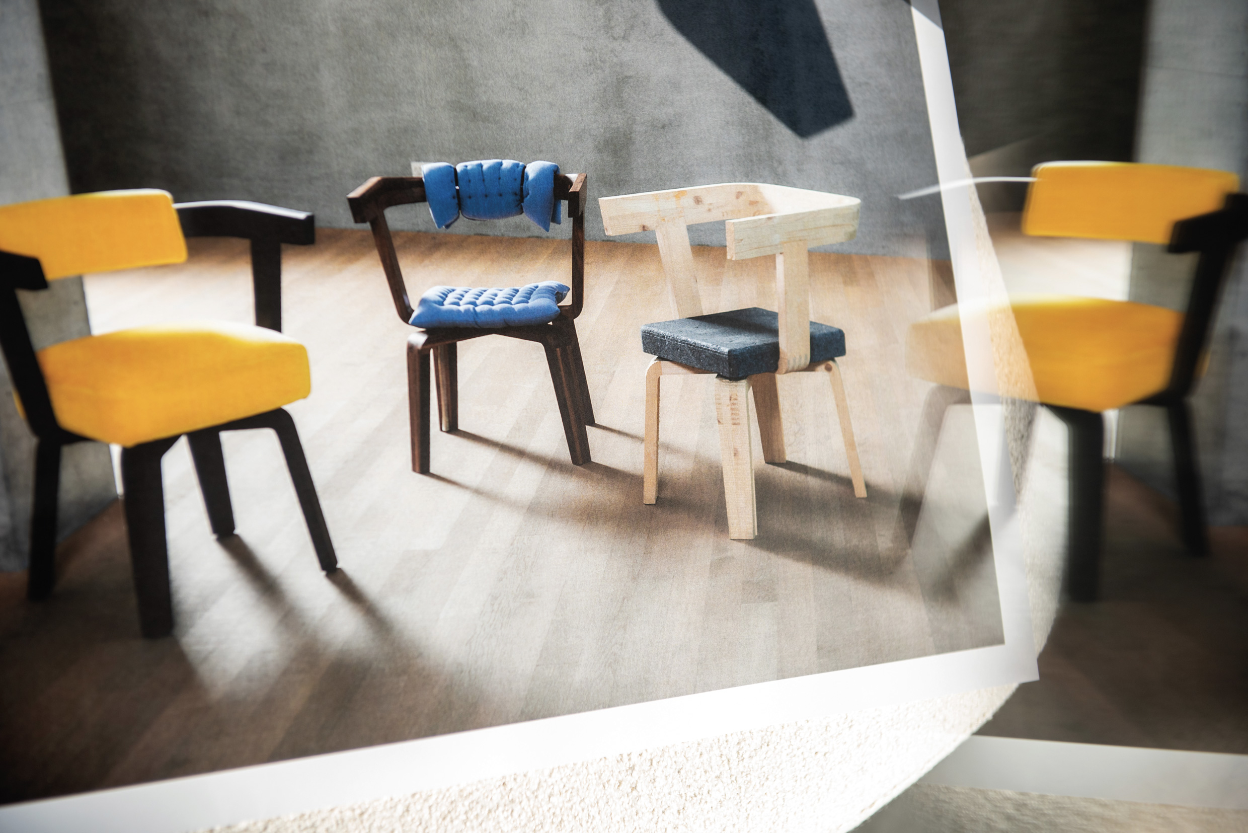 Models of the Porta Volta chair (2023) by Herzog & de Meuron. Ph. Jeff Burton, from Molteni Mondo by Rizzoli NY, 2024