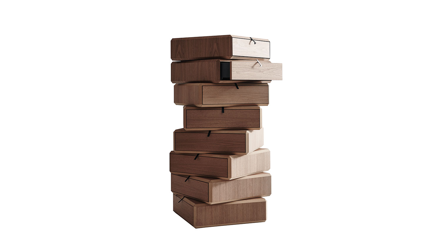 A rotating pile of drawer units in American walnut